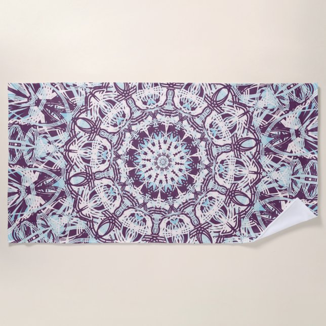 Toalha De Praia Mandala Espiritual Caleidoscópio Azul Roxo Branco. (Frente)