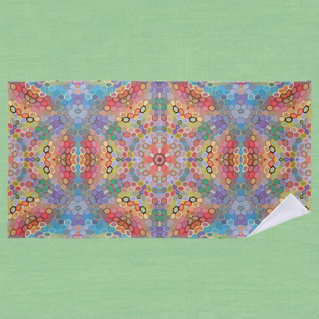 Toalha De Praia Mandala Hexagonal Arco-íris (Rainbow Hexagon Mandala Beach Towel by Wormhole Orbital)