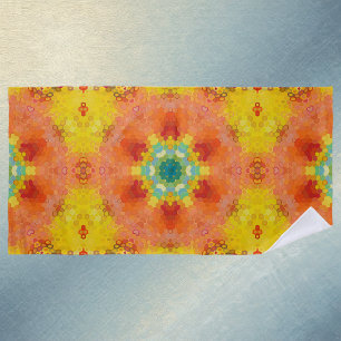 Toalha De Praia Mandala Hexagonal Laranja Amarelo Vermelho e Azul