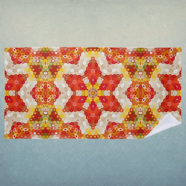 Toalha De Praia Mandala Hexagonal Vermelho e Amarelo (Red and Yellow Hexagon Mandala Beach Towel by Wormhole Orbital)