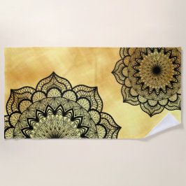 Toalha De Praia Mandala Preto em Fundo Dourado Suave
