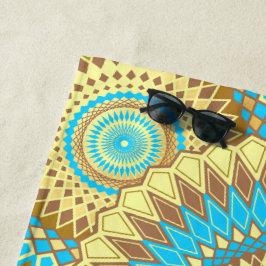 Toalha De Praia Mandala Sobreposto Azul Marrom Dourado