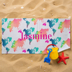 Toalha De Praia Mapa Colorido Mundial Personalizado com Nome Monog