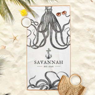Toalha De Praia Marés Tentáculos Octopus Nome Personalizado