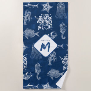 Toalha De Praia Marinho Azul Aquarela Oceano Monograma de Animais