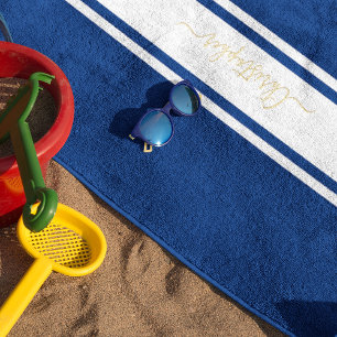 Toalha De Praia Marinho  Azul, Bandas brancas, Dourada Piscina Mon