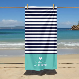 Toalha De Praia Marinho Azul e Aqua Quic Stripes Monograma Cardíac