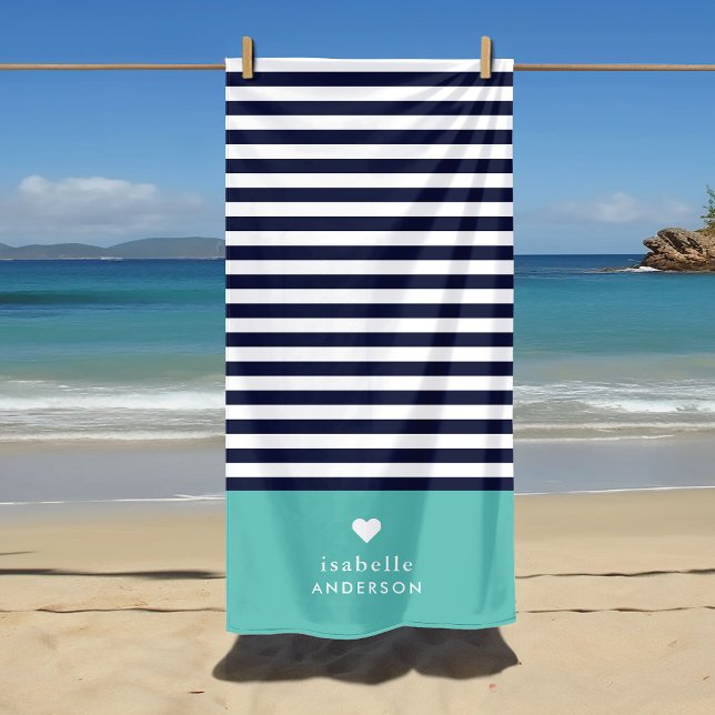 Toalha De Praia Marinho Azul e Aqua Quic Stripes Monograma Cardíac (Criador carregado)