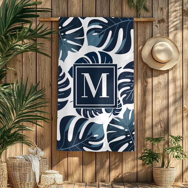 Toalha De Praia Marinho Azul e Branco Monstera Monograma Torre Pra (Criador carregado)