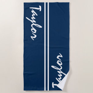 Toalha De Praia Marinho Azul e Branco Nome Personalizado com Strik