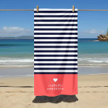 Toalha De Praia Marinho Azul e Coral Riscos Cágicos Monograma Card<br><div class="desc">Toalha de praia na moda personalizada em cor coral, azul marinho e branca. Este design apresenta um marinho clássico pré-disquete e um padrão listrado branco. Personalize-o com seu nome monograma ou outro texto personalizado com um símbolo cardíaco fofo. Use as ferramentas de design para escolher qualquer cor de fundo, editar...</div>