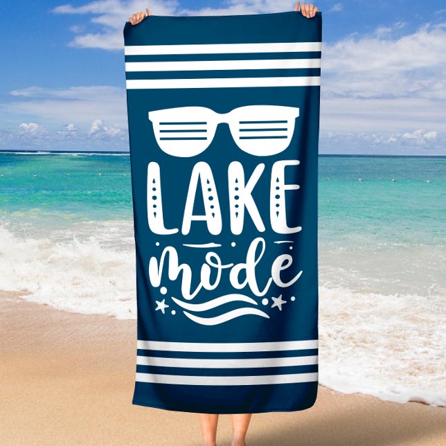 Toalha De Praia Marinho Azul Verão Óculos escuros Modo do lago Ris (Navy Blue Summer Sunglasses Lake Mode Stripe Border Beach Towel)