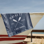 Toalha De Praia Marinho Blue Rustic Oars Personalizado Lake House<br><div class="desc">Personalize sua casa no lago com uma toalha de praia fofa personalizada com seu nome de família ou nome de casa e ano em caracteres brancos acentuados com um par de remos ou remos de canoa em um fundo azul marinho.</div>