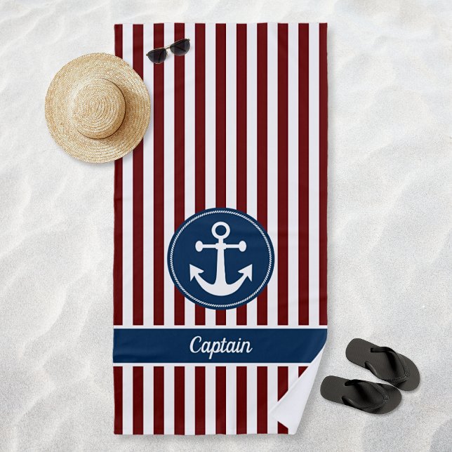 Toalha De Praia Marinho de Âncora Náutica - Faixa Branca Vermelha  (Nautical Anchor Rope Navy Red White Stripes Custom Beach Towel)