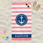 Toalha De Praia Marinho de Nome Personalizado Náutico, em tons de<br><div class="desc">Design de toalha de praia personalizada apresenta um design náutico com âncora de barcos redondos e texto personalizado em caracteres simples e modernos de serifa que podem ser personalizados com um nome próprio. O marinho de círculo azul design e a estrutura de texto contrasta um fundo branco e rosa listrado...</div>
