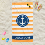 Toalha De Praia Marinho de Nome Personalizado Náutico Laranja Stri<br><div class="desc">Design de toalha de praia personalizada apresenta um design náutico com âncora de barcos redondos e texto personalizado em caracteres simples e modernos de serifa que podem ser personalizados com um nome próprio. O design do círculo azul marinho e a estrutura de texto contrasta um fundo laranja e branco listrado...</div>