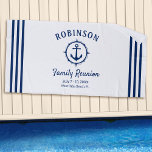 Toalha De Praia Marinho de Reunião da Família de Ancoragem Náutica<br><div class="desc">Toalhas de praia de reagrupamento familiar temático náutico, mostrando orgulhosamente seu nome familiar, data de reunião e local em um roteiro elegante de caligrafia com texto moderno na moda. Este design apresenta o trabalho de arte de uma âncora de barco personalizada com uma placa de estilo de bússola em azul...</div>