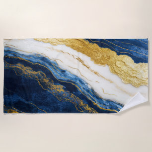 Toalha De Praia Marinho Luxurioso Azul e Dourado Mármaco Folha