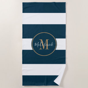 Toalha De Praia Marinho Moderno Azul Branco Riscado Dourado Nome d