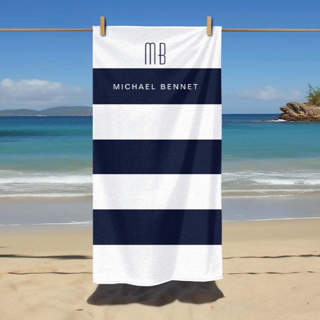 Toalha De Praia Marinho Moderno Azul Stripes Monograma (Modern Navy Blue Stripes Monogram Beach Towel)