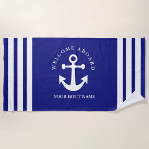 Toalha De Praia Marinho Náutico Azul, Boas-vindas a bordo Anchor d