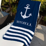 Toalha De Praia Marinho Náutico Blue Anchor Custom Name Beach<br><div class="desc">A toalha náutica personalizada apresenta um design de listras litorais simples,  marinho azul e branca,  com âncora de barco. Personalize o texto do monograma personalizado com um primeiro ou sobrenome.</div>