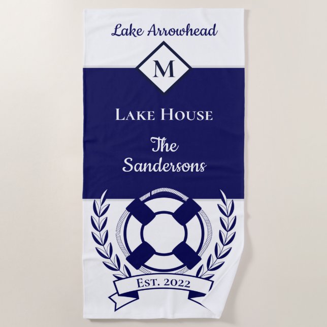 Toalha De Praia Marinho Náutico Blue White Monograma House (Frente)
