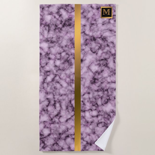 Toalha De Praia Mármaco branco monograma, legante, Dourado (Frente)