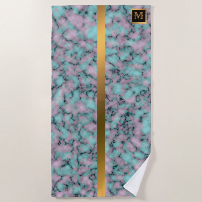 Toalha De Praia Mármaco branco monograma, legante, Dourado (Frente)