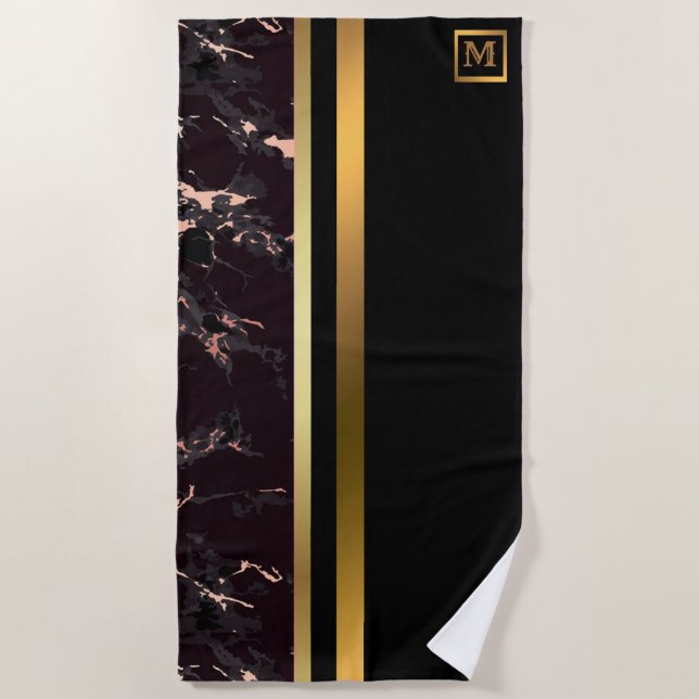 Toalha De Praia Mármaco branco monograma, legante, Dourado (Frente)