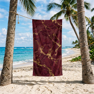 Toalha De Praia Mármore Burgundy Luxo Elegante Dourado