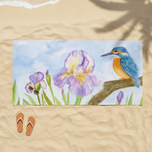 Toalha De Praia Martim-pescador em Aquarela com Íris Roxas