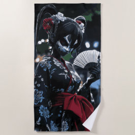 Toalha De Praia Máscara de Kitsune Escura Mulher Arte Noturna Japo