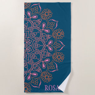 Toalha De Praia Medalhão Mandala Boho Moderno em Verde Personaliza