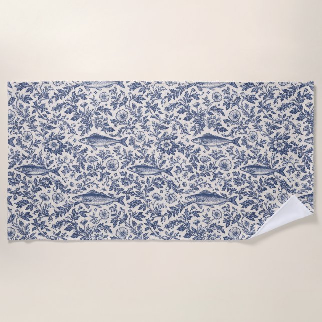 Toalha De Praia Mediterranean Sardine Chinoiserie Beach Towel | Bl (Frente)