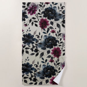 Toalha De Praia Meia-noite Blue Burgundy Inky Floral Almond Beige