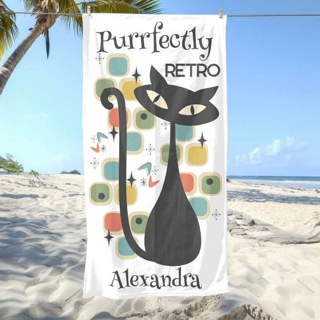 Toalha De Praia Meio século de Gato Preto Retro (Purrfectly Retro Black Cat Mid Century Beach Towel)