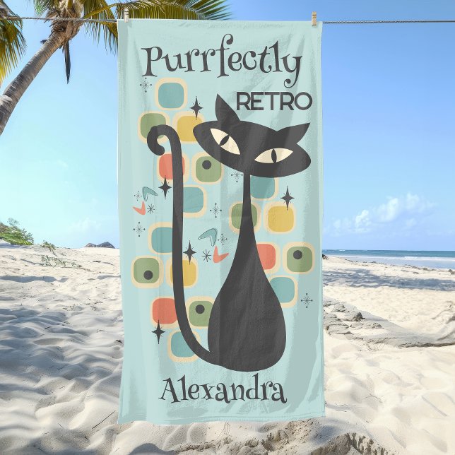 Toalha De Praia Meio século de Gato Preto Retro (Purrfectly Retro Black Cat Mid Century Beach Towel)
