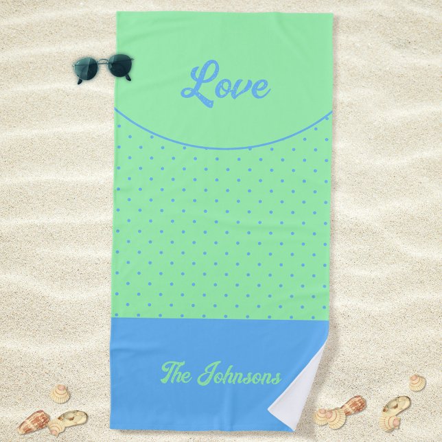 Toalha De Praia Meio século Verde Pontos Azuis Retroativos Verão A (Love Green Retro Dots Blue Mid Century 50s 60s Beach Towel ©Susanne Sachers - Sunny Mind Design)