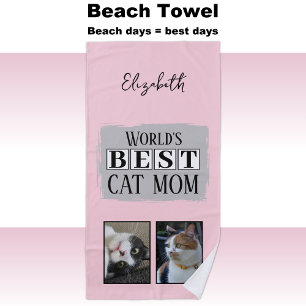 Toalha De Praia Melhor mãe de gato 2 foto de nome rosa cinza