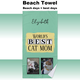 Toalha De Praia Melhor mãe do gato 2 foto do nome verde amarelo