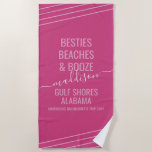 Toalha De Praia Melhores Amigas Praias Bebidas Nome<br><div class="desc">Toalha de Praia Personalizada Rosa Magenta com citação divertida de Viagem de Meninas DIY como "Melhores Amigas Praias e Bebidas" - ou digite o que você quiser - com nome, local, ocasião e data personalizados, com listras diagonais e uma fonte de caligrafia feminina elegante ao lado de letras modernas. Altere...</div>