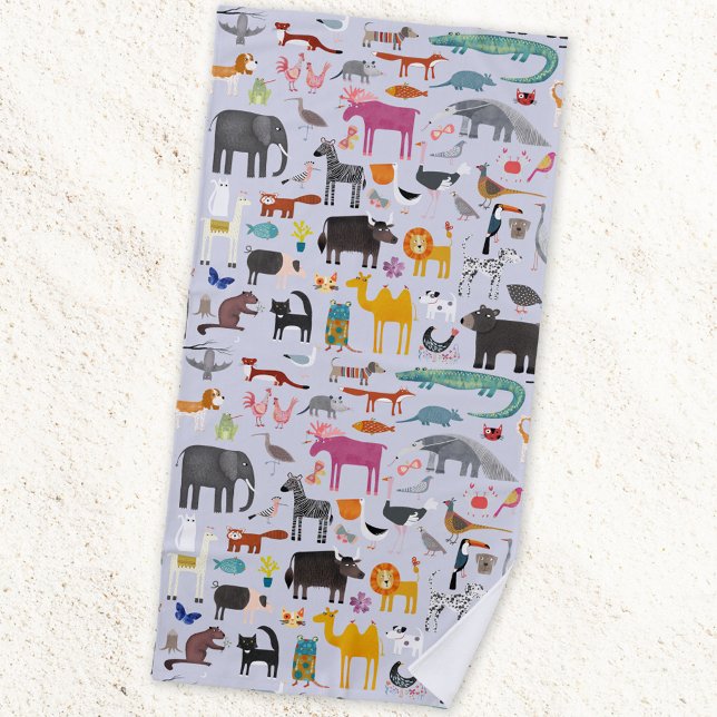 Toalha De Praia Menagerie animal (Fun animal menagerie with wild, safari, zoo and pet animals and birds pattern beach towel)