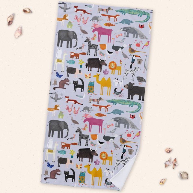 Toalha De Praia Menagerie de Animais (Fun animal menagerie with wild, safari, zoo and pet animals and birds pattern beach towel)