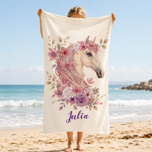 Toalha De Praia Menina Cavalinho Rosa Roxo Monograma Nome Letra
