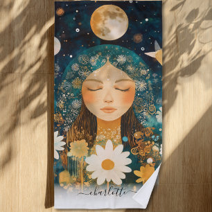Toalha De Praia Menina Cósmica Ilustração Boho Lua & Margarida Per