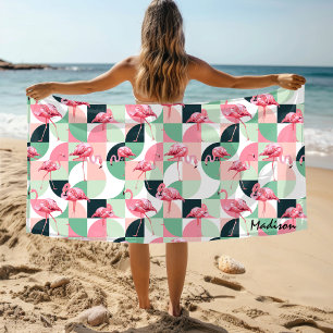 Toalha De Praia Menina Geométrica Flamingo Rosa Moderna Personaliz