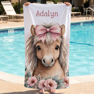 Toalha De Praia Meninas Lindo Cavalo Floral Rosa Nome Personalizad