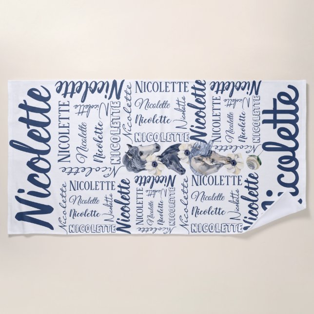 Toalha De Praia Meninas personalizadas com nome longo com cavalos (Frente)