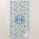 Toalha De Praia Meninos Fofos Azuis Dinossauros<br><div class="desc">Esta toalha de praia para crianças bonitinhas apresenta um padrão de desenho animado de dinossauros, com um t-rex, estegossauro, arco-íris e plantas da selva jurássica, e pode ser personalizado com seu nome e monograma para os garotos. O dom do dinossauro azul perfeito para qualquer amante de praia!</div>